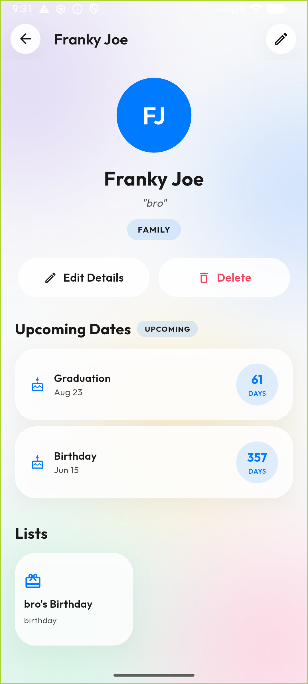 A person's detail screen with their dates