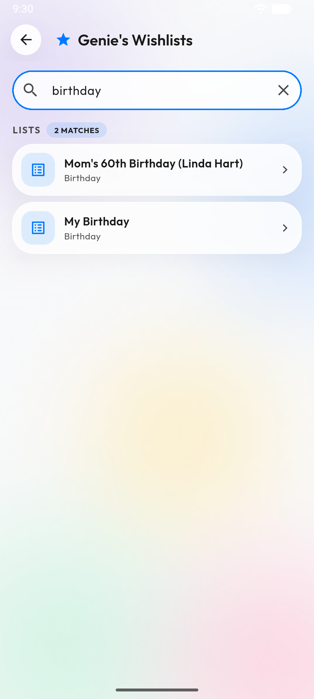 Search results for 'birthday' finding two matching lists instantly