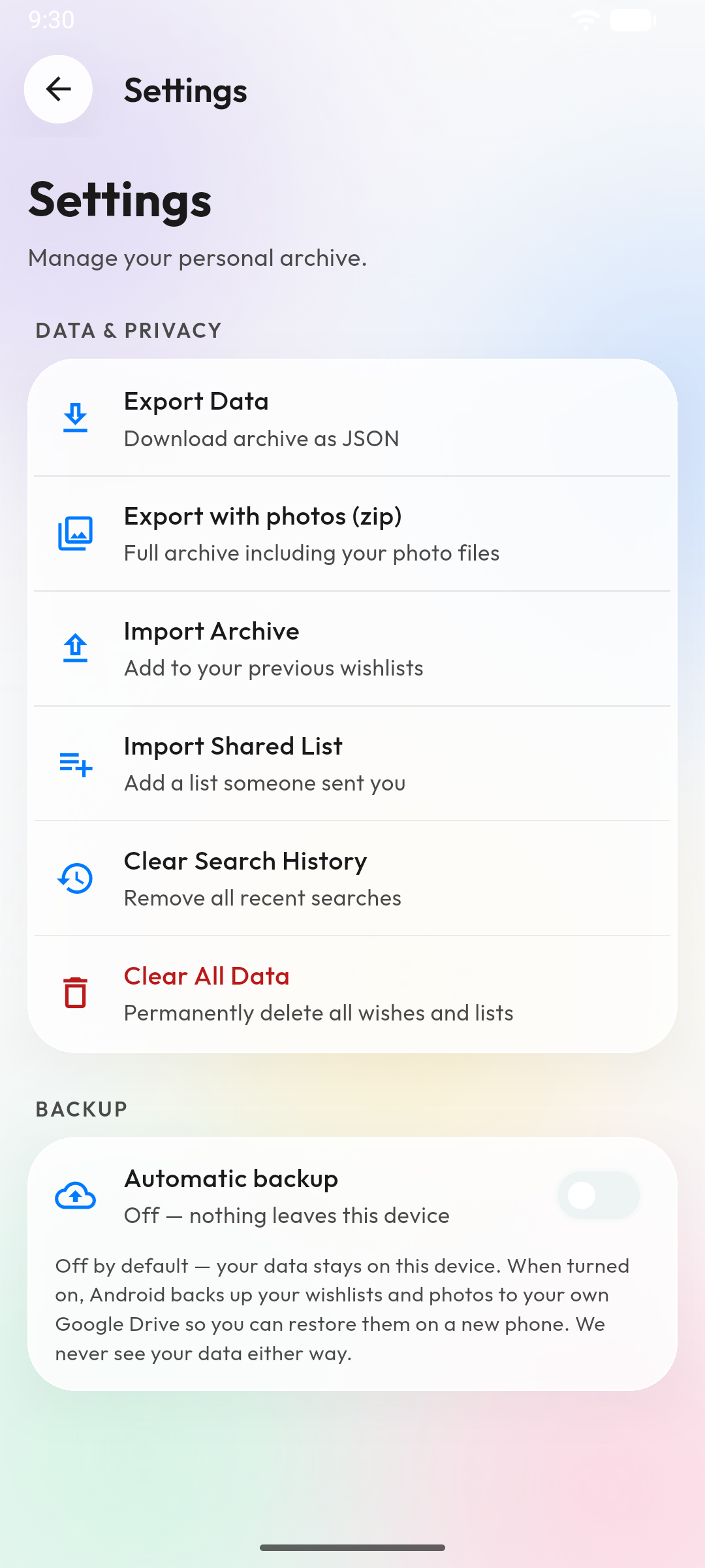 Settings screen showing the Automatic backup switch off, labelled 'Off — nothing leaves this device'